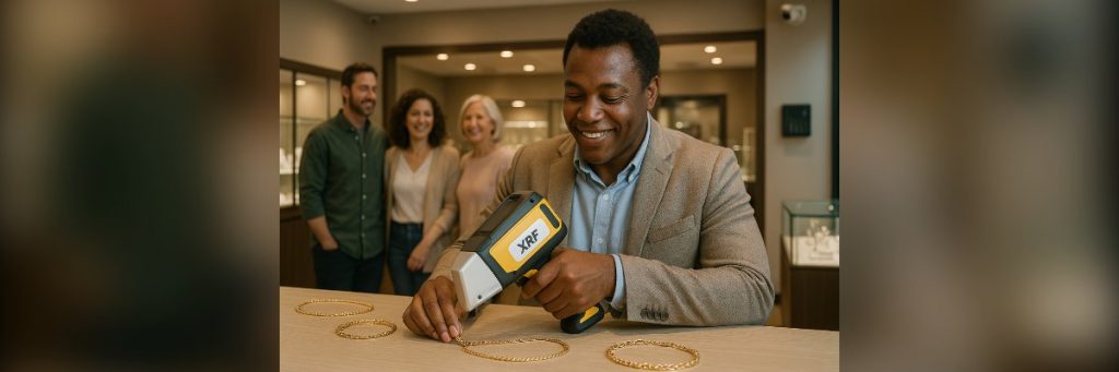 Gold chain being tested with an XRF analyser