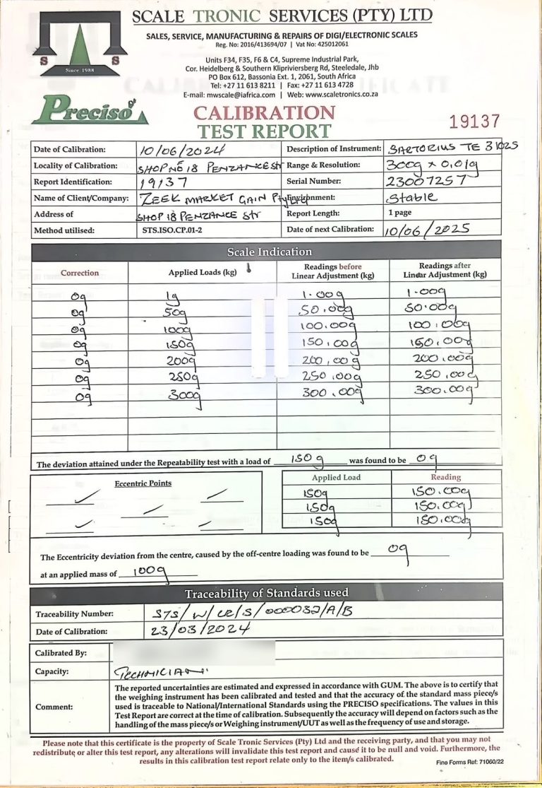 Scale calibration certificate for a Zeek Gold scale